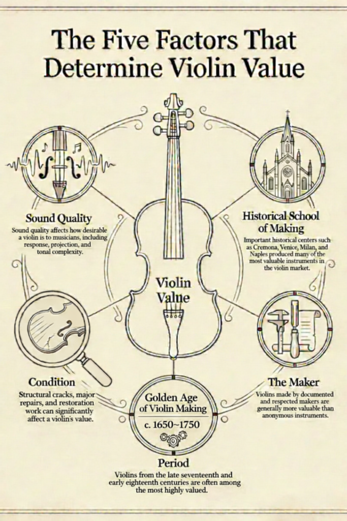 Infographic showing the five factors that determine violin value: school of making, maker, period, condition, and sound quality.